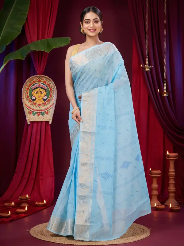 DipDiya Pure Cotton Sky Blue Purvi Essence of Bengal Printed Tant Sarees