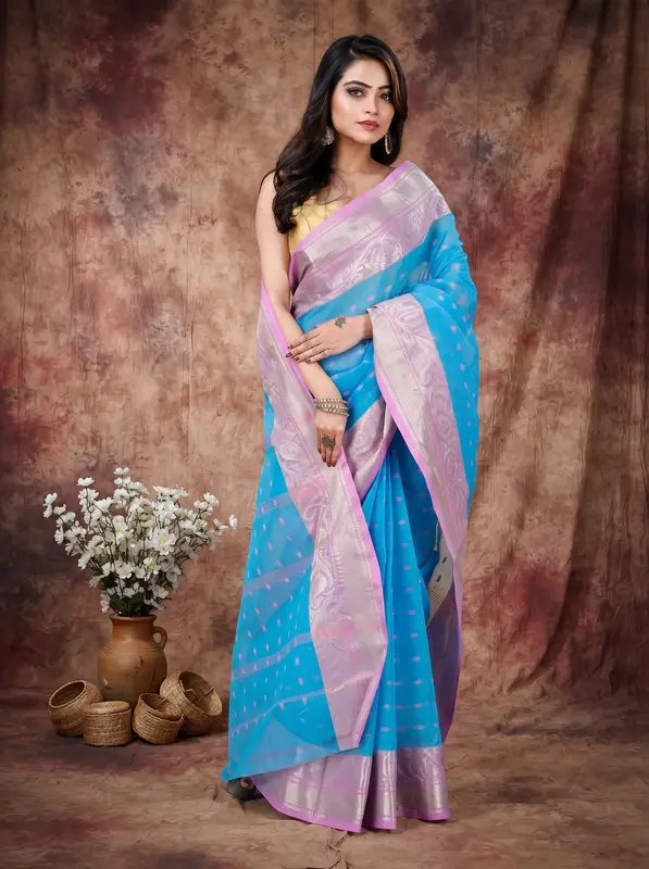 DipDiya Pure Cotton Sky Blue Sachi Bengal’s Tradition Tant Sarees