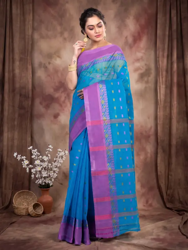 DipDiya Pure Cotton Sky Blue ToraPar Bengal’s Legacy Tant Sarees