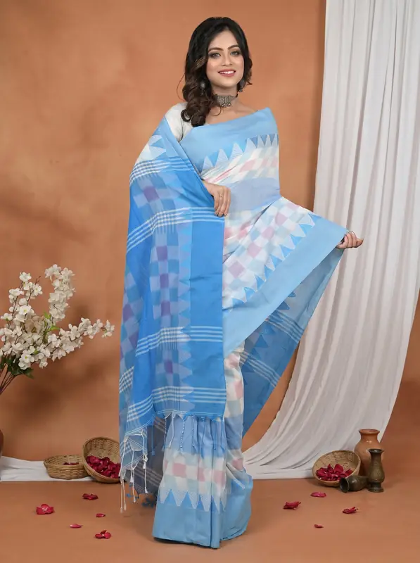 DipDiya Pure Cotton Sky Blue White Hiran Traditional Elegance Handloom Sarees