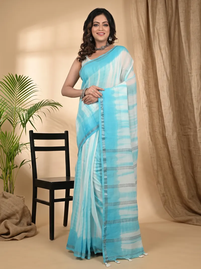 DipDiya Pure Cotton Sky White Achmol Effortless Tradition Badhni Dye Sarees