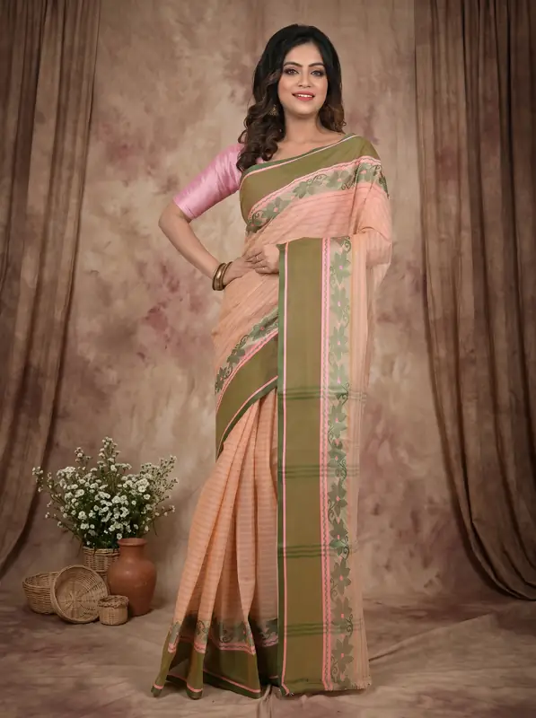 DipDiya Pure Cotton Soft Peach Achpan Regal Bengali Tant Sarees