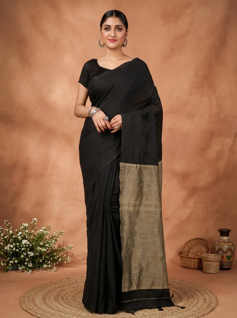 DipDiya Pure Cotton  Traditional Bengali Black Artisan Crafted Kesh Than Handloom Saree