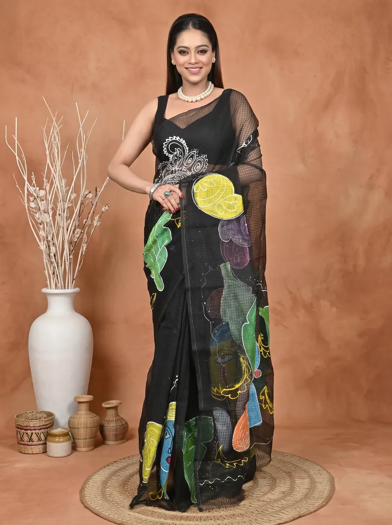 DipDiya Pure Cotton  Traditional Bengali Black Artisan Crafted Kotafab Kota Fabric Saree