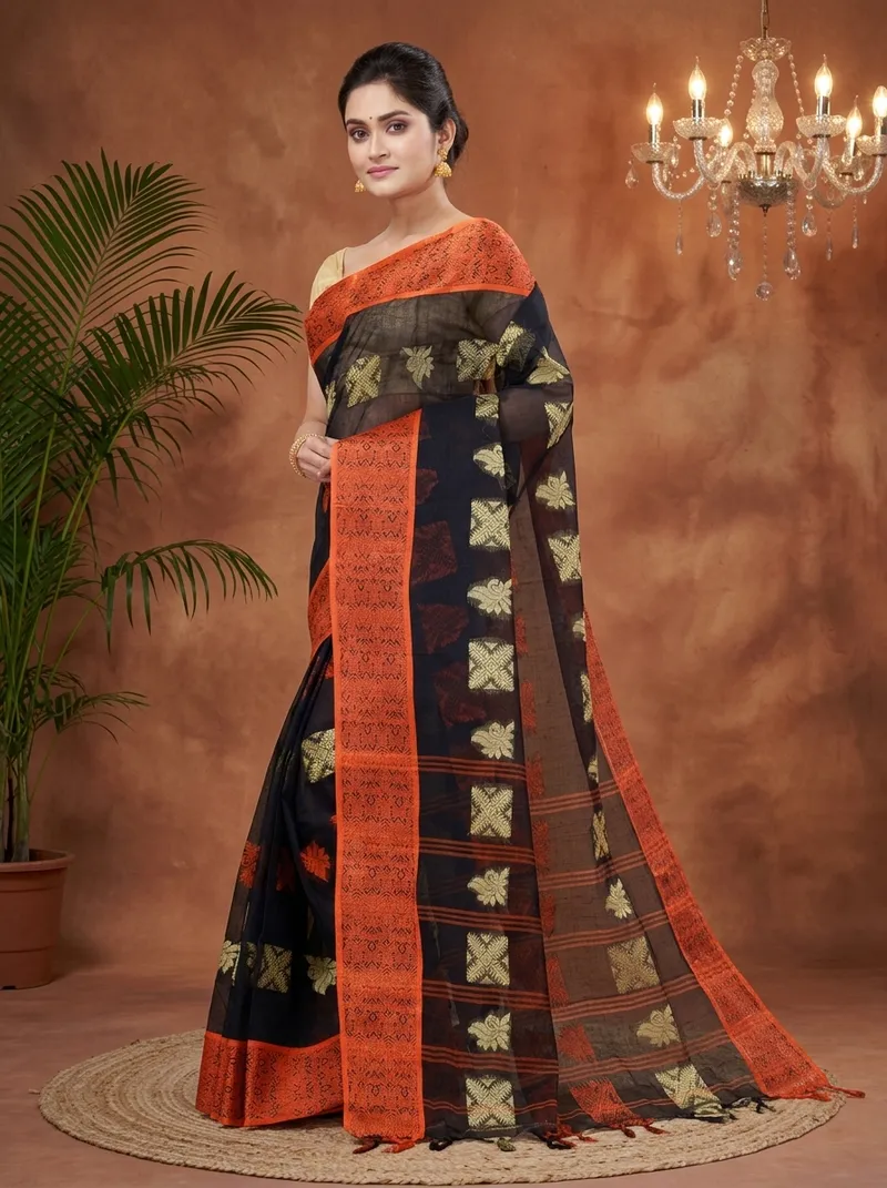 DipDiya Pure Cotton  Traditional Bengali Black Artisan Crafted Suparna Buti Tant Saree