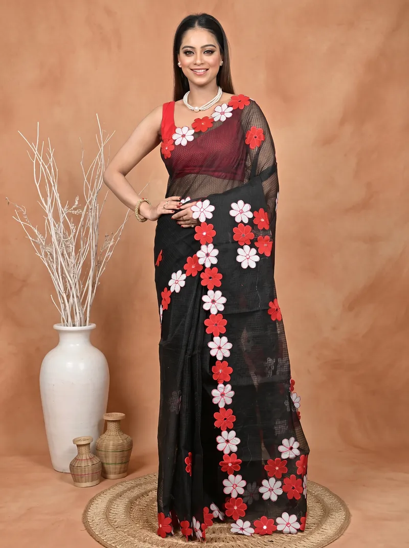 DipDiya Pure Cotton  Traditional Bengali Black Red Artisan Crafted Kotaplik Kota Applique Saree