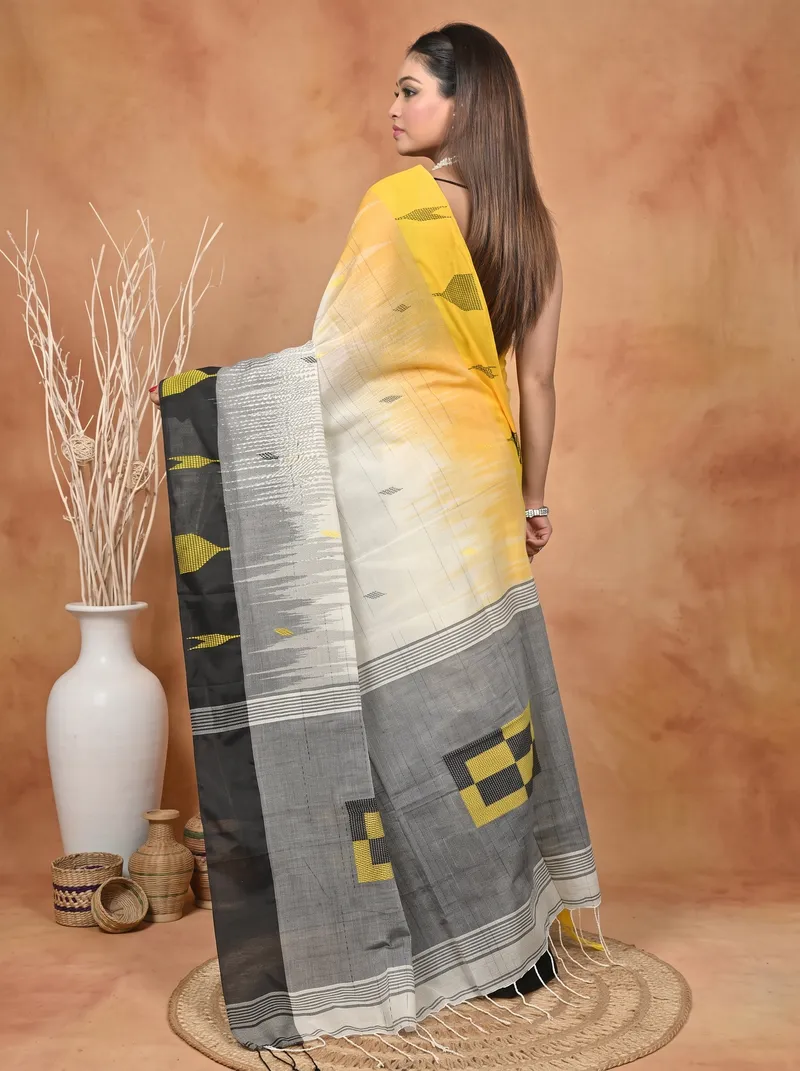 DipDiya Pure Cotton  Traditional Bengali Black Yellow Artisan Crafted Soumon Kotki Saree