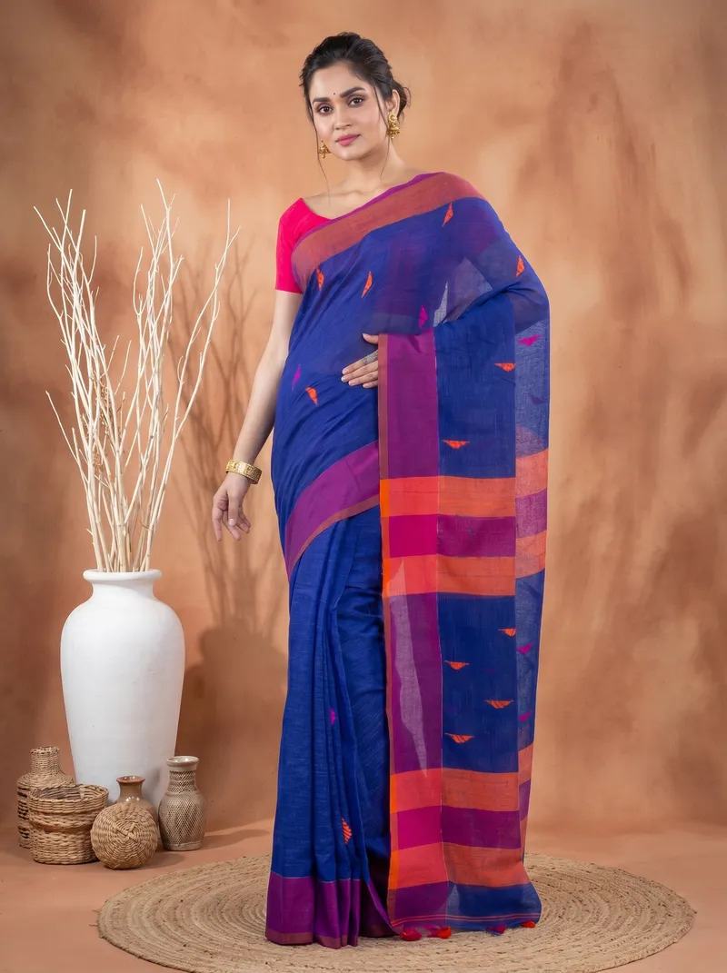 DipDiya Pure Cotton  Traditional Bengali Blue Artisan Crafted Clasic Than Handloom Saree