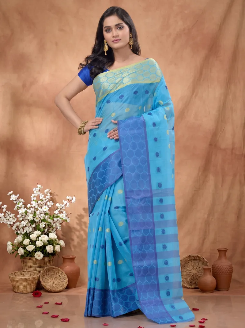 DipDiya Pure Cotton  Traditional Bengali Blue Artisan Crafted Ganga Jamuna Tant Saree
