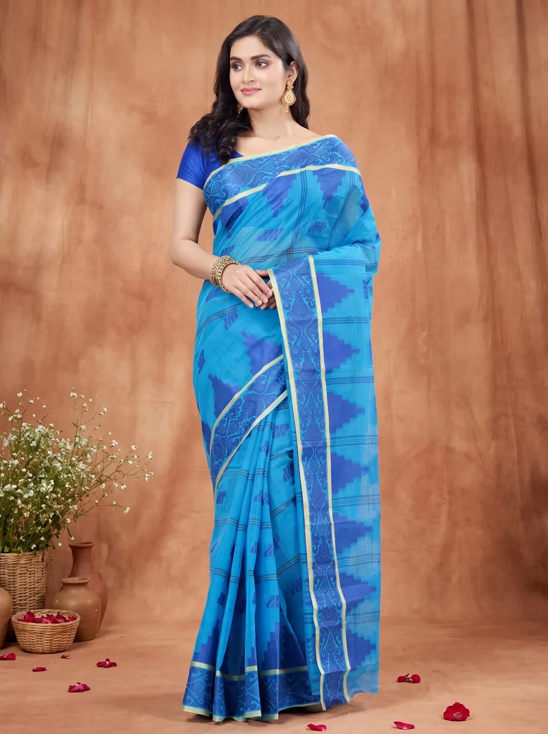 DipDiya Pure Cotton  Traditional Bengali Blue Artisan Crafted Kamala Desiging Tant Saree