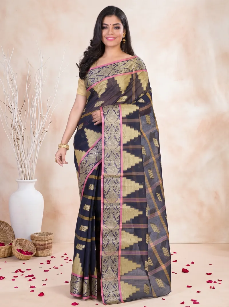 DipDiya Pure Cotton  Traditional Bengali Blue Artisan Crafted Kamala Tant Saree