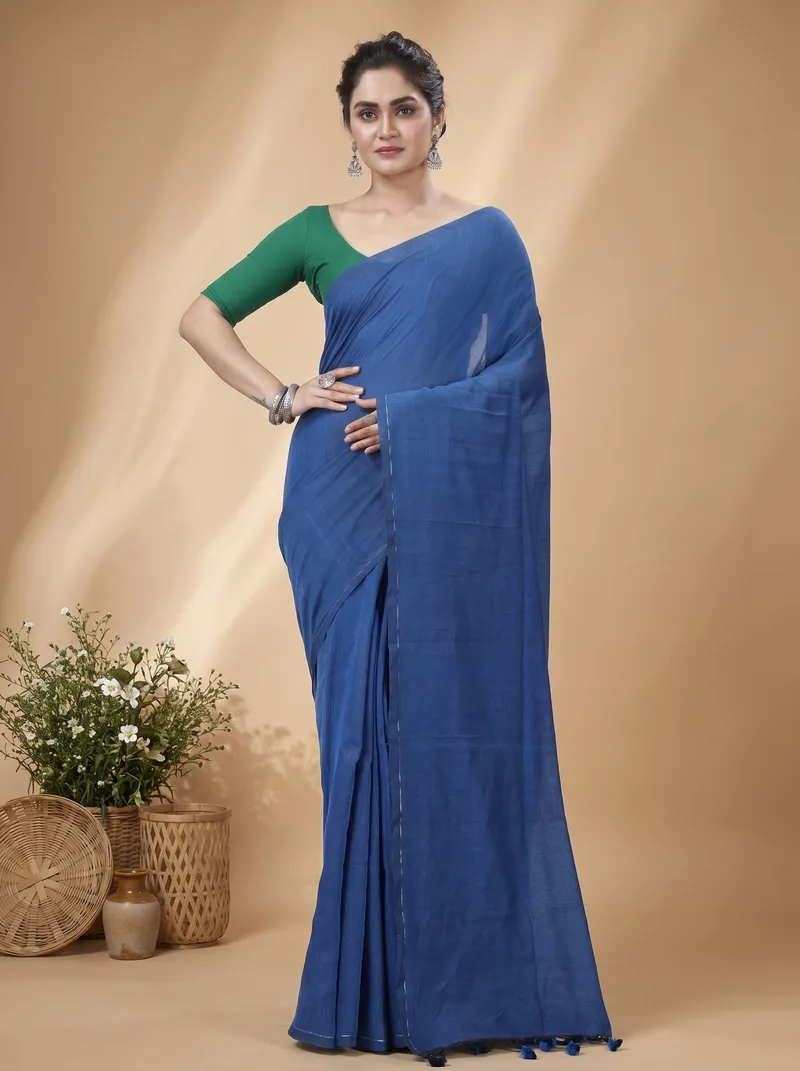 DipDiya Pure Cotton  Traditional Bengali Blue Artisan Crafted ThanKhadi Handloom Saree