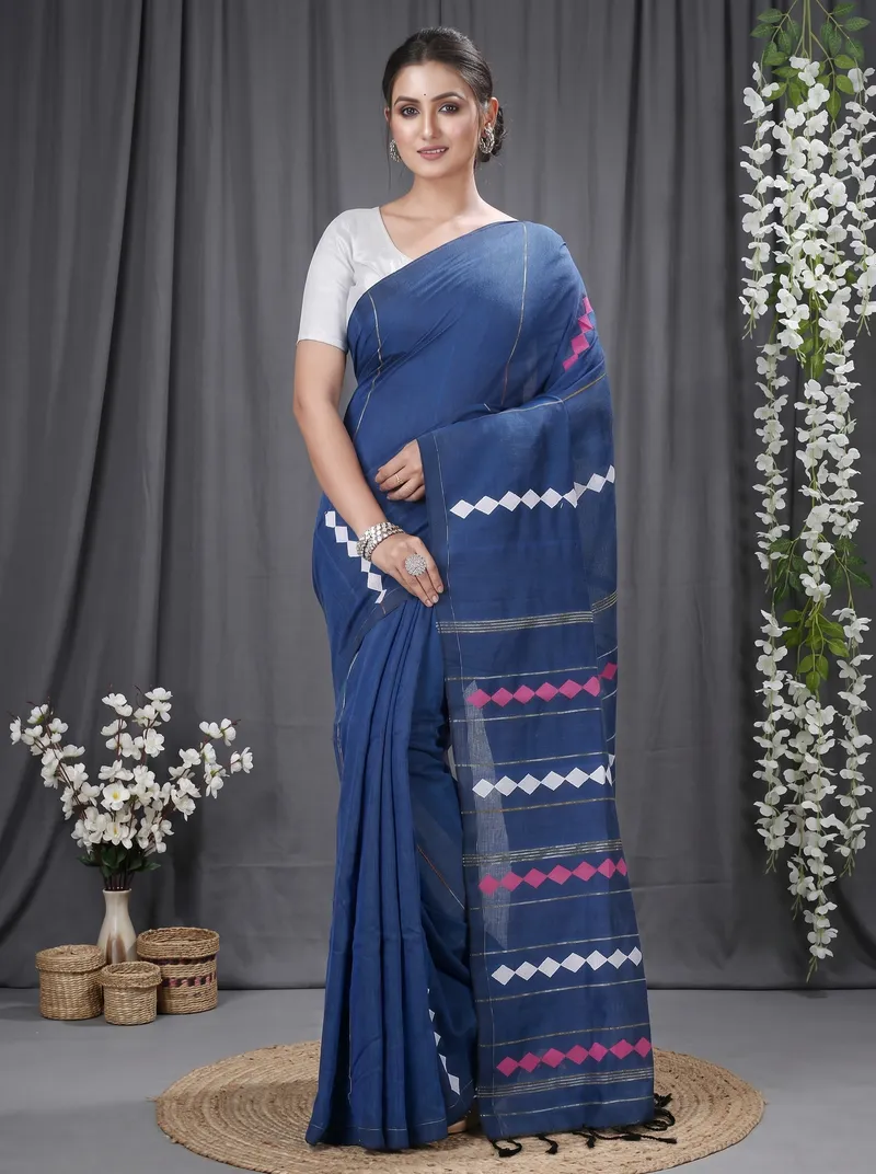 DipDiya Pure Cotton  Traditional Bengali Blue Artisan Crafted Tika Applique Saree