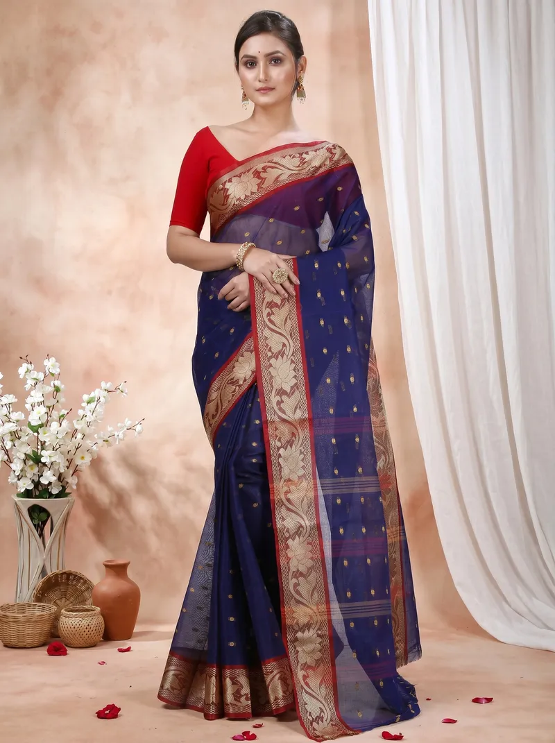 DipDiya Pure Cotton  Traditional Bengali Blue Artisan Crafted Unnati Tant Saree