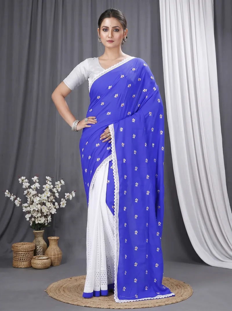 DipDiya Pure Cotton  Traditional Bengali Blue White Artisan Crafted LalPori Handloom Saree