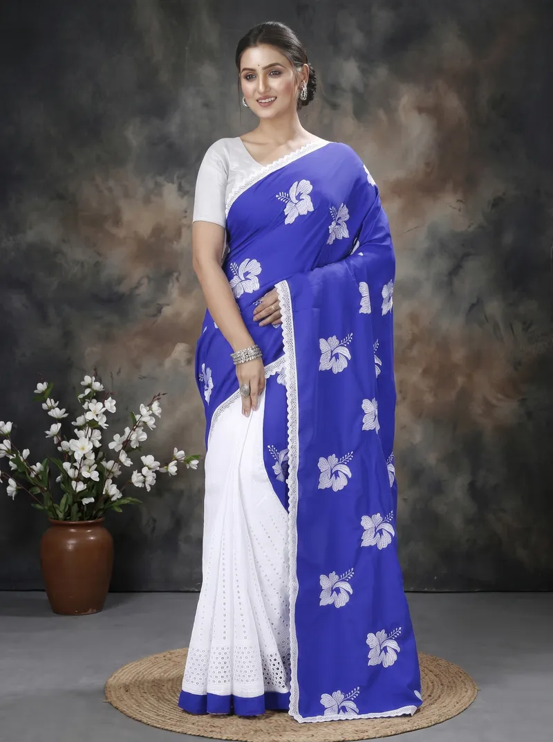 DipDiya Pure Cotton  Traditional Bengali Blue White Artisan Crafted Teru Handloom Saree
