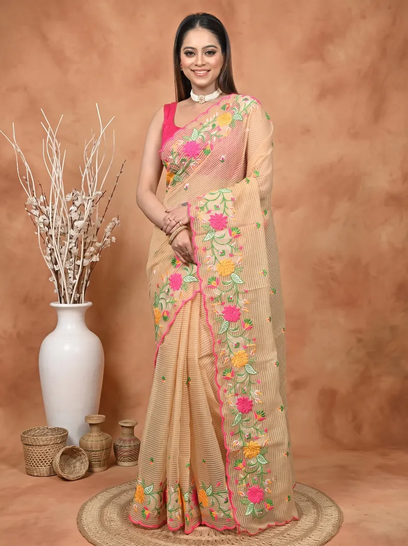 DipDiya Pure Cotton  Traditional Bengali Brown Artisan Crafted Kotambo Kota Embroidery Saree