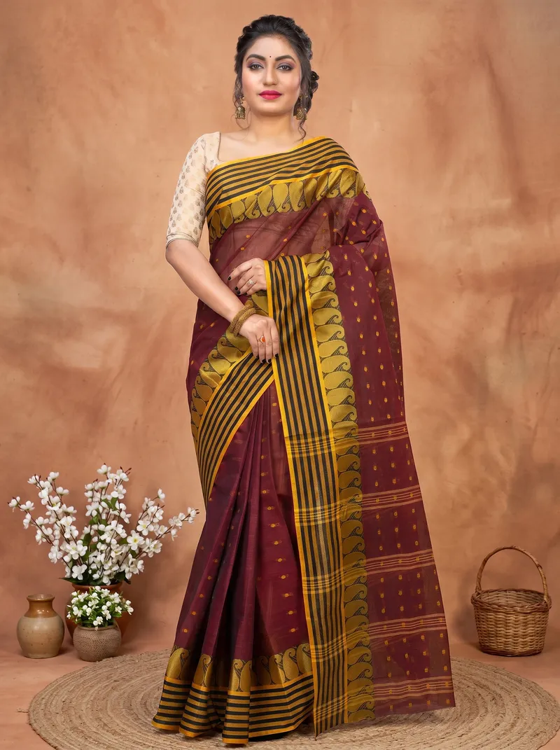 DipDiya Pure Cotton  Traditional Bengali Brown Artisan Crafted Moti Buti Tant Saree
