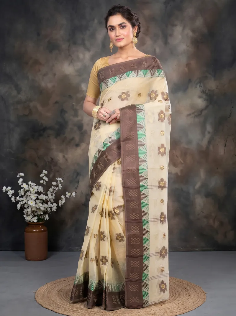 DipDiya Pure Cotton  Traditional Bengali Brown Artisan Crafted Palasful Tant Saree