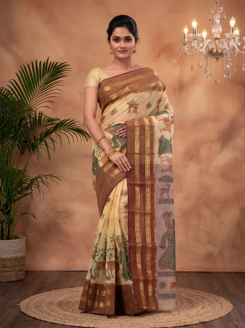 DipDiya Pure Cotton  Traditional Bengali Brown Artisan Crafted Sakuntala Printed Tant Saree
