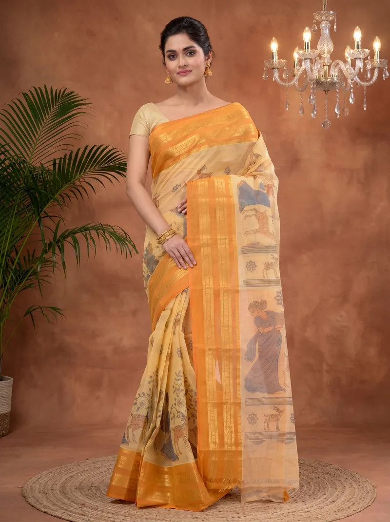 DipDiya Pure Cotton  Traditional Bengali Brown Artisan Crafted Sakuntalaa Printed Tant Saree
