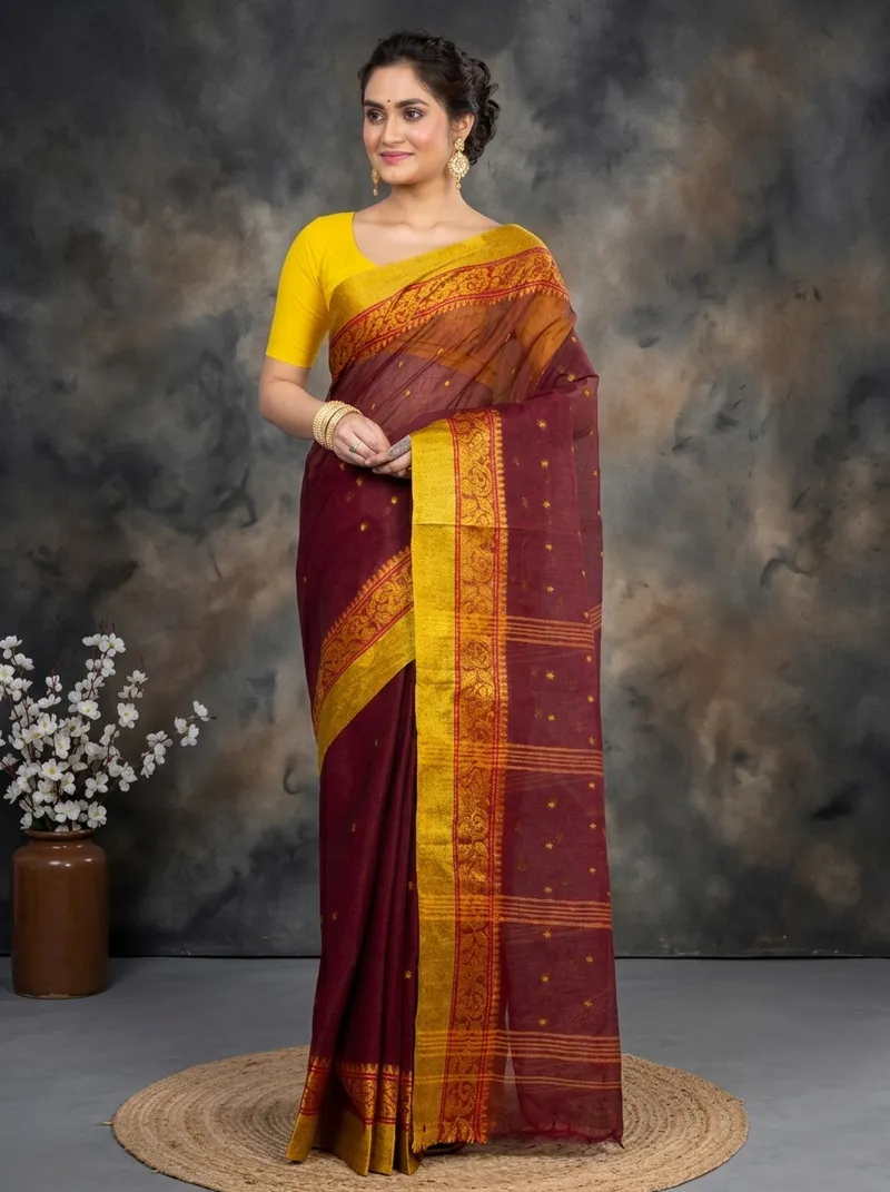 DipDiya Pure Cotton  Traditional Bengali Brown Artisan Crafted Sorbori Tant Saree
