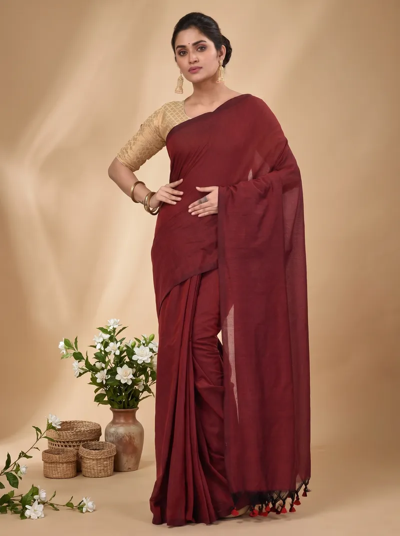 DipDiya Pure Cotton  Traditional Bengali Brown Artisan Crafted Than Handloom Saree