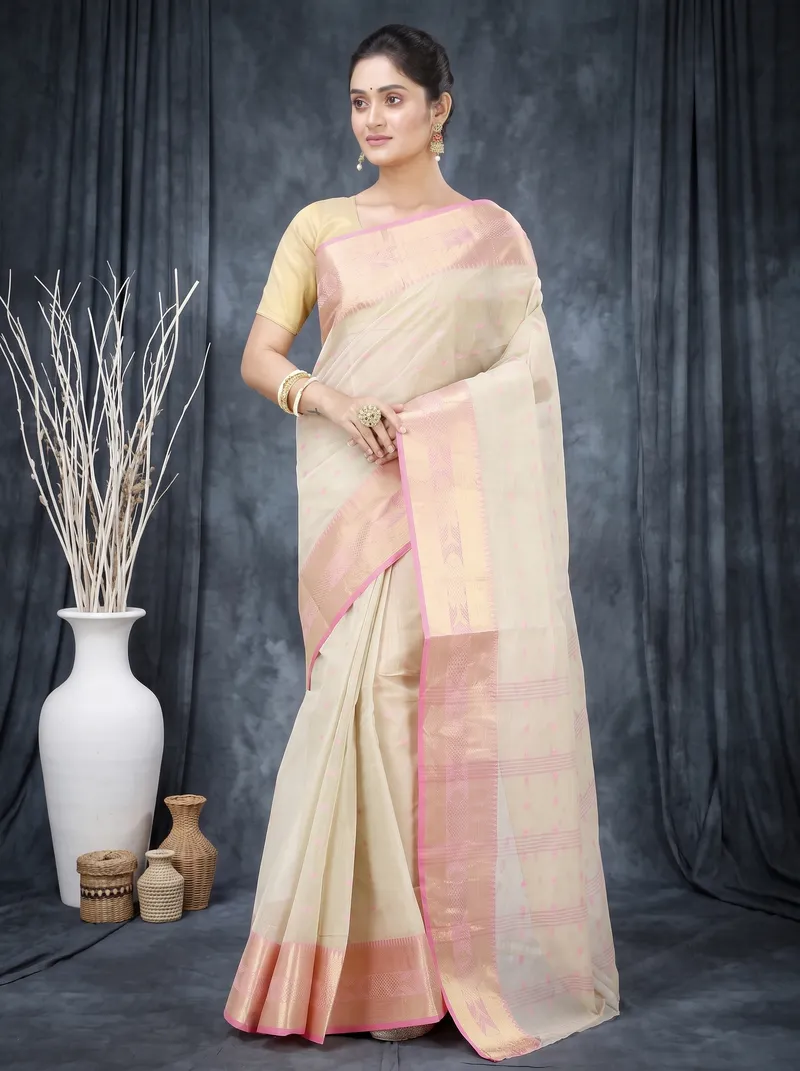 DipDiya Pure Cotton  Traditional Bengali Cream Artisan Crafted Griva Tant Saree