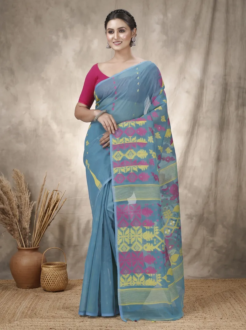 DipDiya Pure Cotton  Traditional Bengali Dark Green Artisan Crafted Urmila Jamdani Saree
