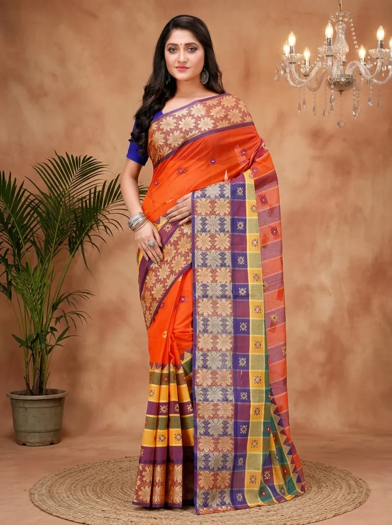 DipDiya Pure Cotton  Traditional Bengali Dark Orange Artisan Crafted FulPar Tant Saree