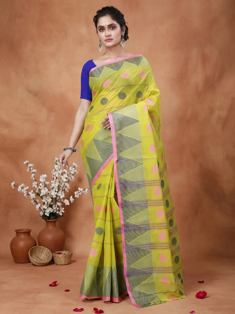 DipDiya Pure Cotton  Traditional Bengali Dark Yellow Artisan Crafted Rebeka Tant Saree