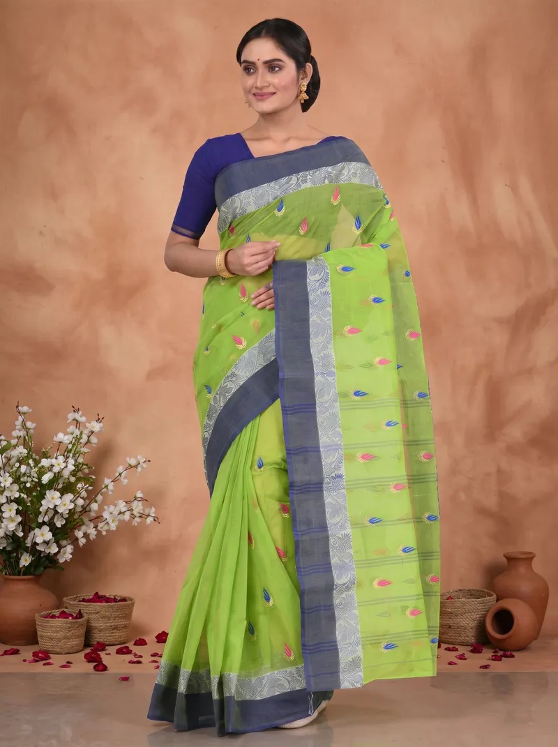 DipDiya Pure Cotton  Traditional Bengali Green Artisan Crafted Dip Embro Embroidery Tant Saree