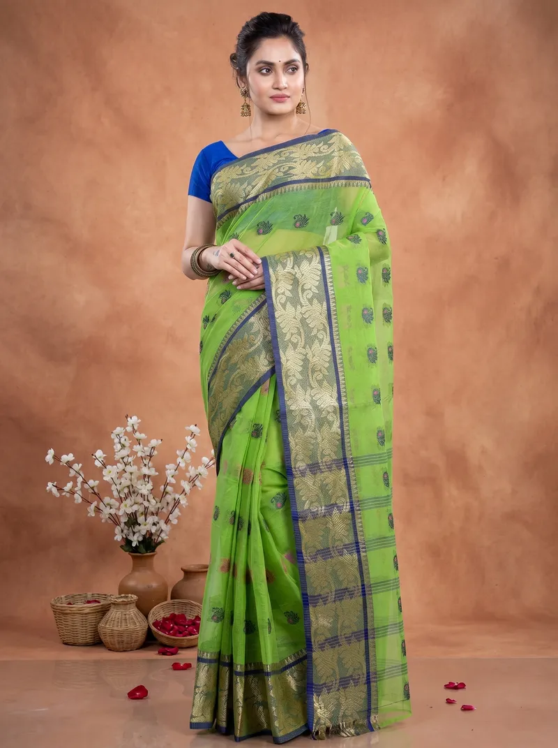 DipDiya Pure Cotton  Traditional Bengali Green Artisan Crafted HasFul Tant Saree
