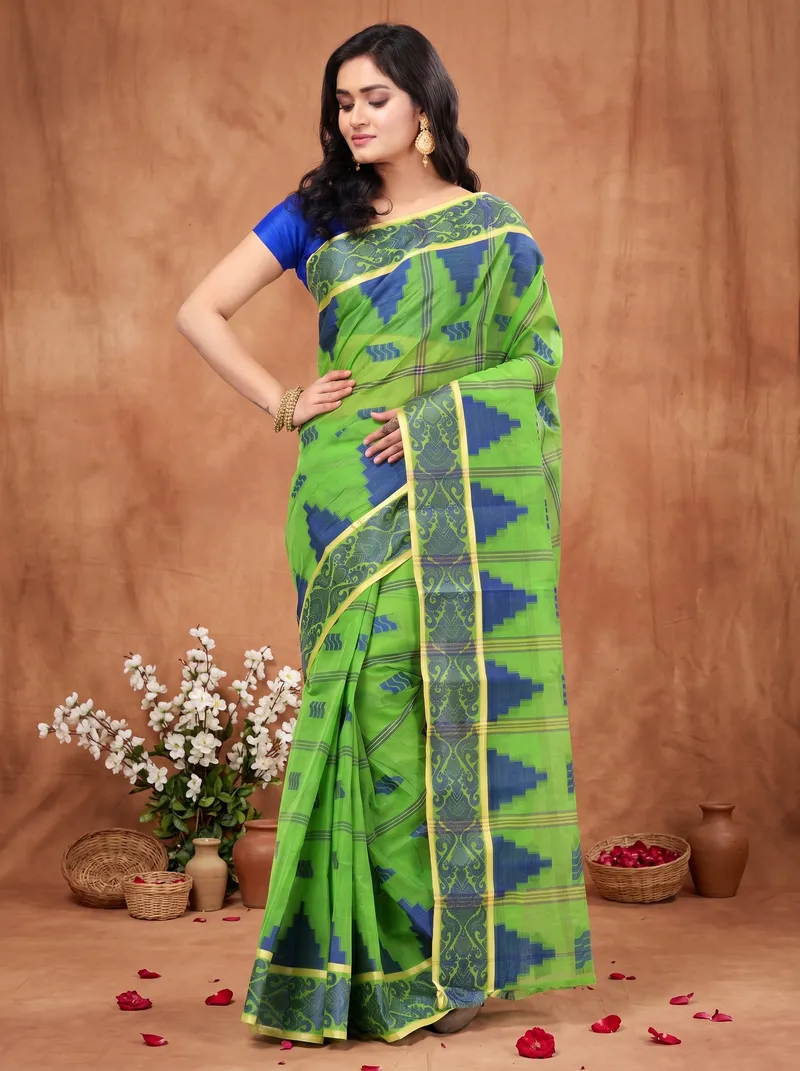 DipDiya Pure Cotton  Traditional Bengali Green Artisan Crafted Kamala Desiging Tant Saree