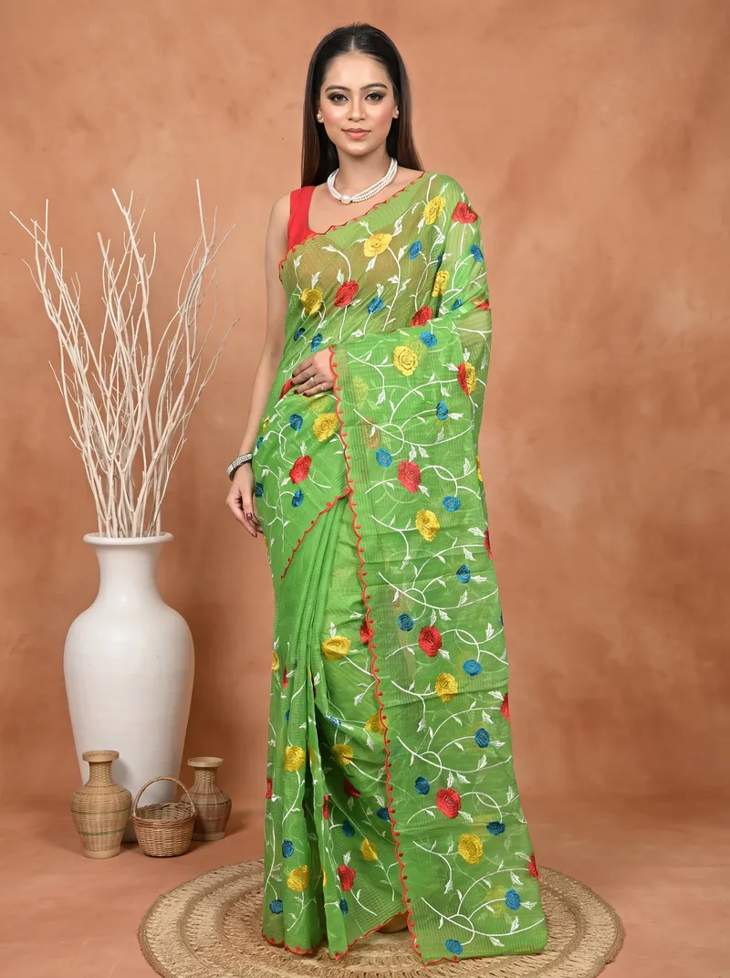 DipDiya Pure Cotton  Traditional Bengali Green Artisan Crafted Kotambo Kota Embroidery Saree