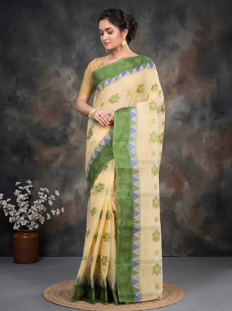 DipDiya Pure Cotton  Traditional Bengali Green Artisan Crafted Palasful Tant Saree