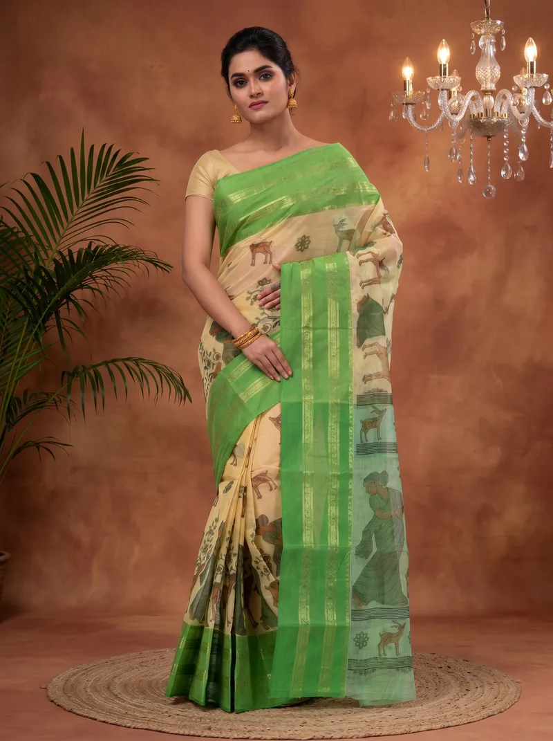 DipDiya Pure Cotton  Traditional Bengali Green Artisan Crafted Sakuntala Printed Tant Saree