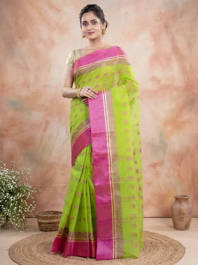 DipDiya Pure Cotton  Traditional Bengali Green Artisan Crafted Sukla Velvet Tant Saree