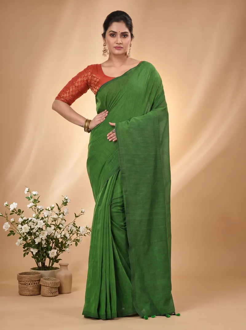 DipDiya Pure Cotton  Traditional Bengali Green Artisan Crafted ThanKhadi Handloom Saree