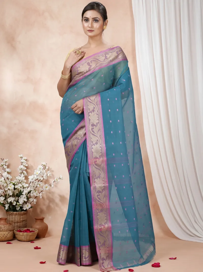DipDiya Pure Cotton  Traditional Bengali Green Artisan Crafted Unnati Tant Saree