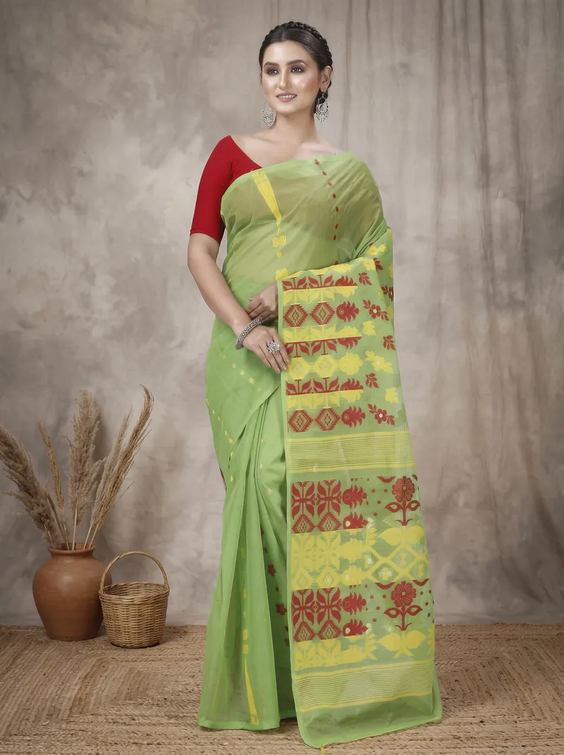 DipDiya Pure Cotton  Traditional Bengali Green Artisan Crafted Urmila Jamdani Saree