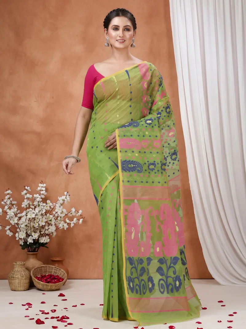 DipDiya Pure Cotton  Traditional Bengali Green Artisan Crafted Vani Jamdani Saree