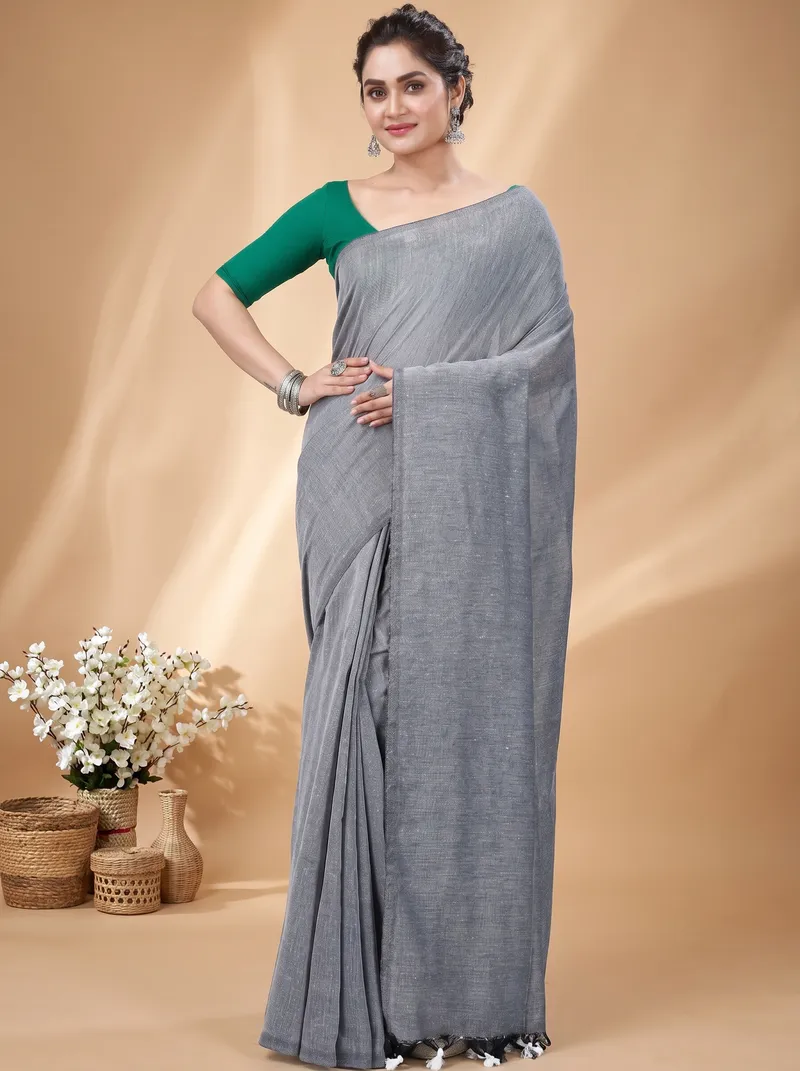 DipDiya Pure Cotton  Traditional Bengali Grey Artisan Crafted ThanKhadi Handloom Saree