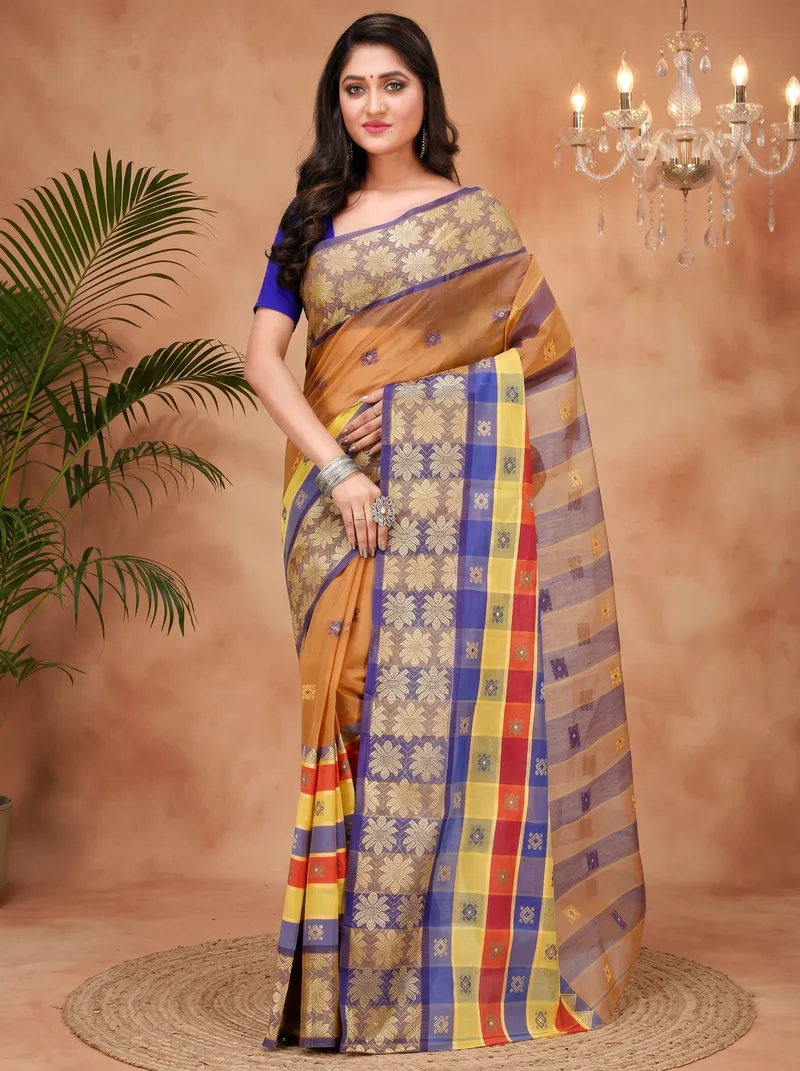 DipDiya Pure Cotton  Traditional Bengali Light Brown Artisan Crafted FulPar Tant Saree