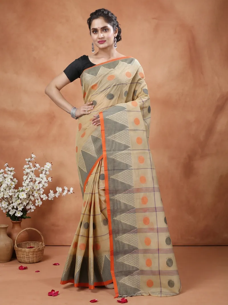 DipDiya Pure Cotton  Traditional Bengali Light Brown Artisan Crafted Rebeka Tant Saree