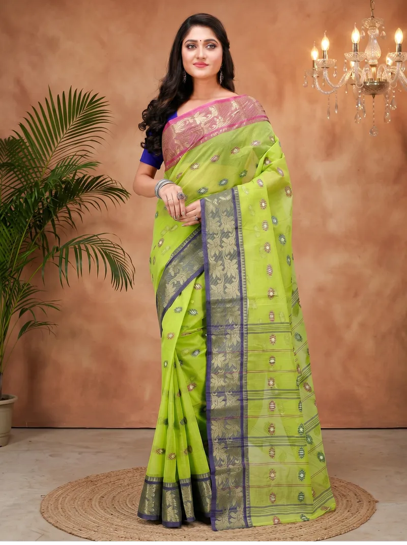 DipDiya Pure Cotton  Traditional Bengali Light Green Artisan Crafted Du Has Tant Saree