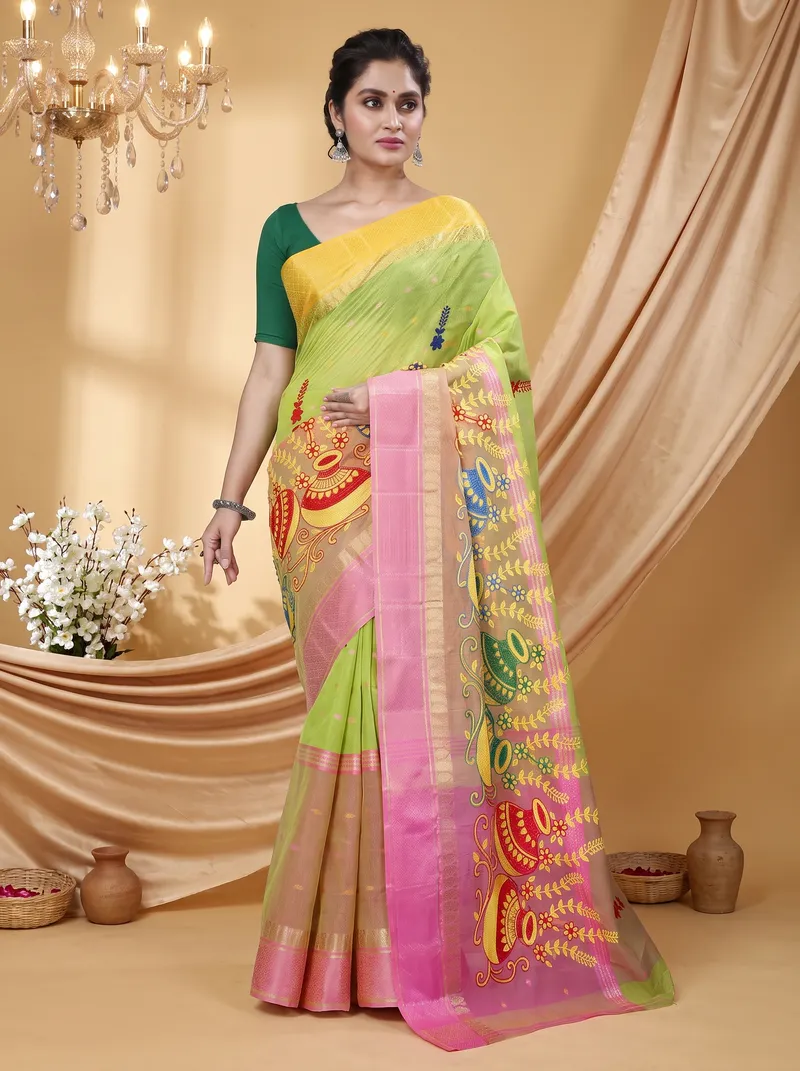 DipDiya Pure Cotton  Traditional Bengali Light Green Artisan Crafted Embi Ganga Buti Embroidery Tant Saree
