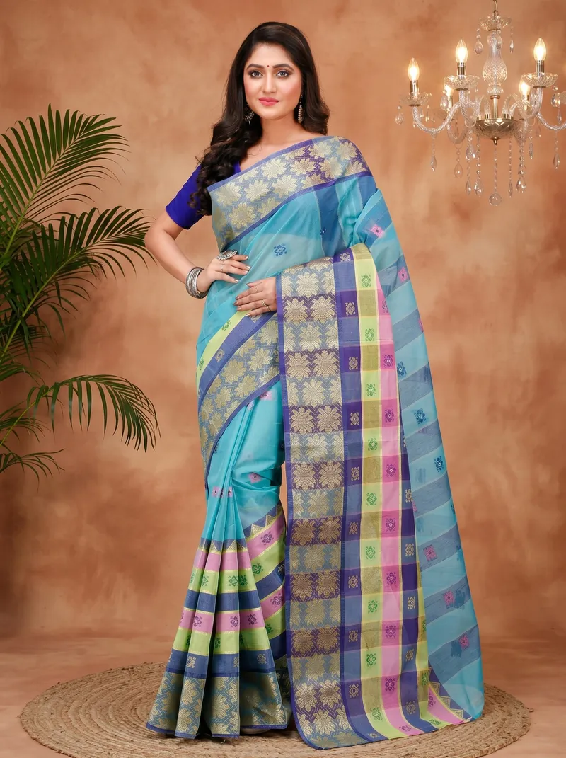 DipDiya Pure Cotton  Traditional Bengali Light Green Artisan Crafted FulPar Tant Saree