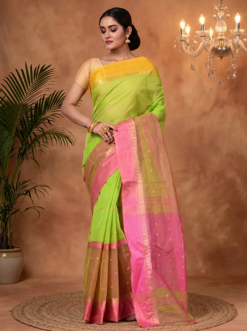 DipDiya Pure Cotton  Traditional Bengali Light Green Artisan Crafted Ganga Jamuna Buti Tant Saree