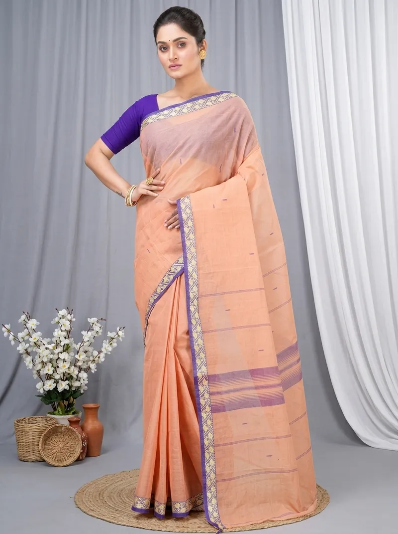 DipDiya Pure Cotton  Traditional Bengali Light White Artisan Crafted Gaela Tant Saree